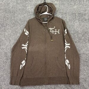 Ed Hardy Sweater Mens XL Brown Hooded Full Zip Tattoo Skull Graphic Knit Logo